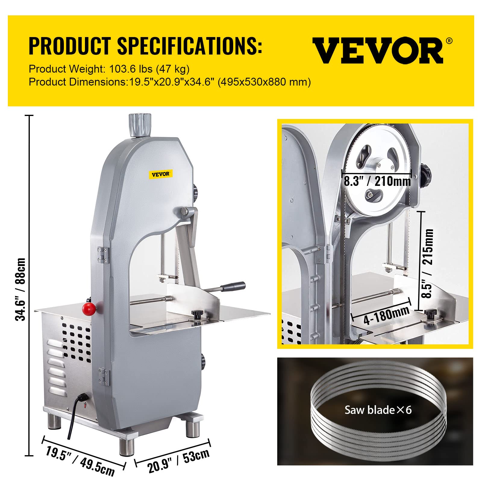 VEVOR 110V Bone Saw Machine, 1500W Frozen Meat Cutter, 2.1HP Butcher Bandsaw, Thickness Range 4-180mm, Max Cutting Height 215mm, Worktable 19.3x17.3inch, Sawing Speed 19m/s, Equipped with 6 Saw Blades