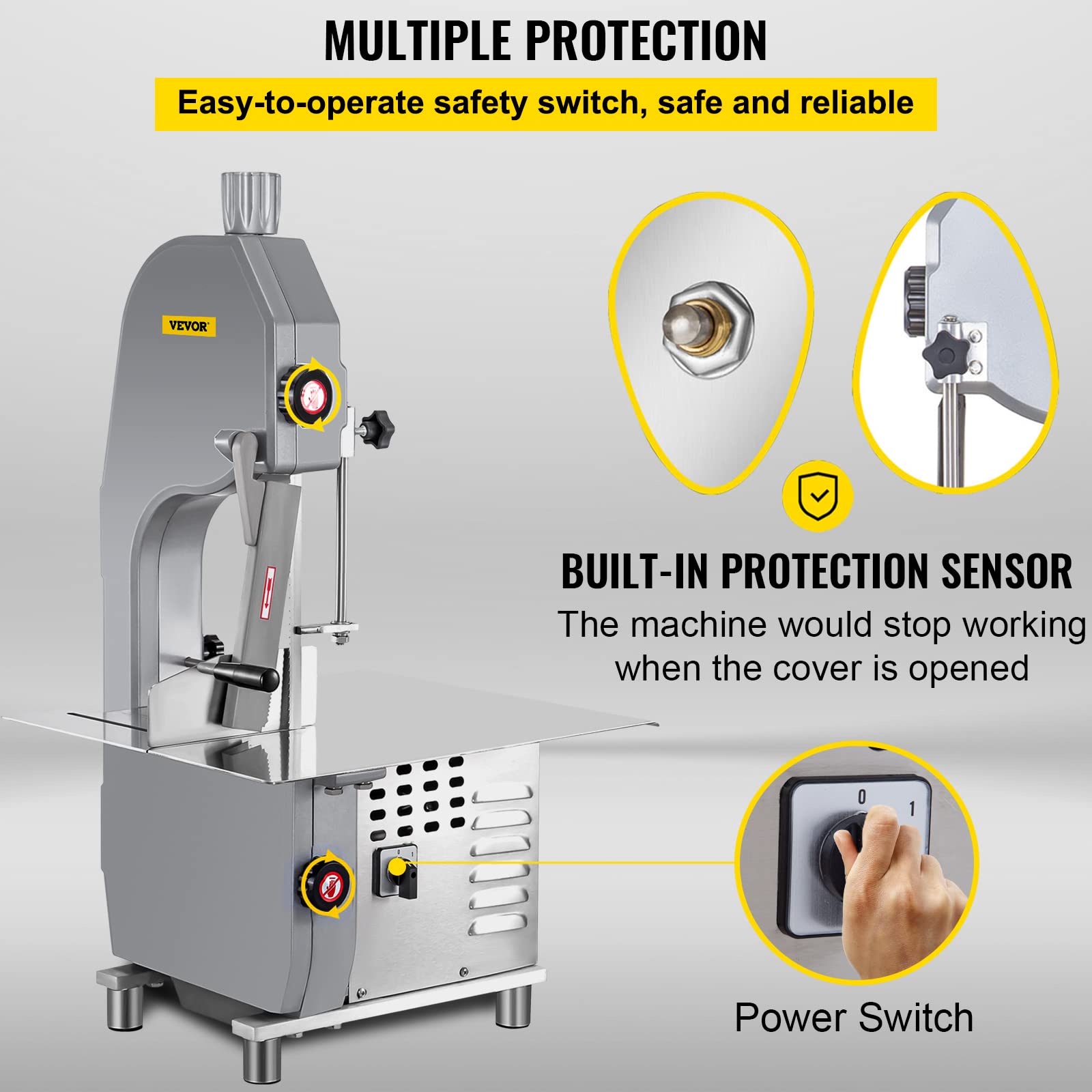 VEVOR 110V Bone Saw Machine, 1500W Frozen Meat Cutter, 2.1HP Butcher Bandsaw, Thickness Range 4-180mm, Max Cutting Height 215mm, Worktable 19.3x17.3inch, Sawing Speed 19m/s, Equipped with 6 Saw Blades