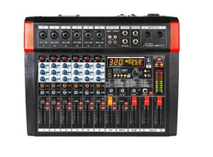 audio2000's amx7372 six-channel audio mixer with 320 dsp sound effects, stereo sub out with sub-out level-control fader, level-control faders on all channels, and usb/computer interface