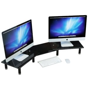 adjustable dual glass monitor stand riser for computer desk & laptop, office organizer corner shelf mount and storage for desktop for double monitors, printer, accessories, two screen (black)