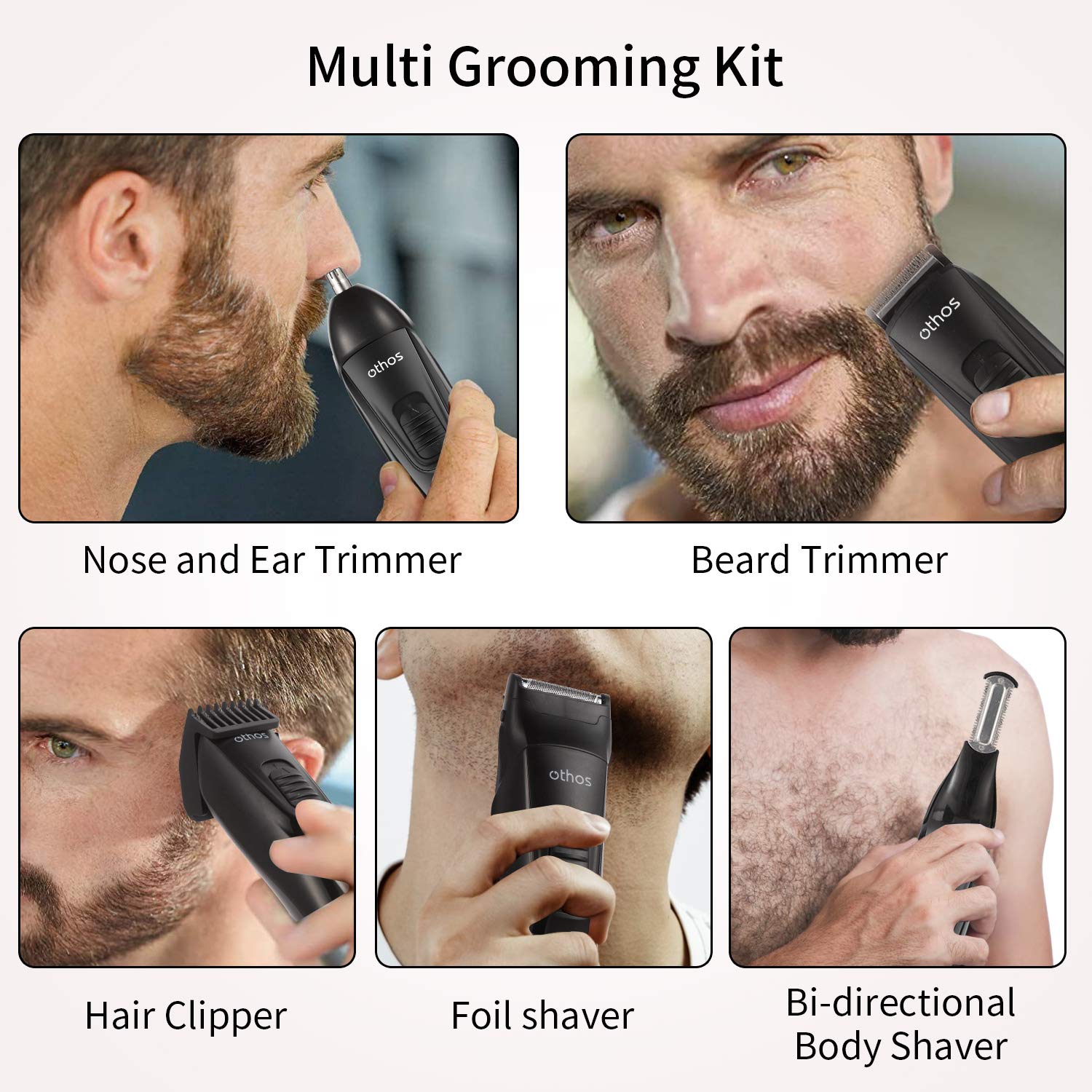 othos Multi-Functional Electric Hair Clipper Beard Trimmers Shaver Kit for Men Mustache Hair Face Nose Body Ear Trimmers Set USB Charging Rechargeable Lithium Battery Waterproof Cordless Stand LED