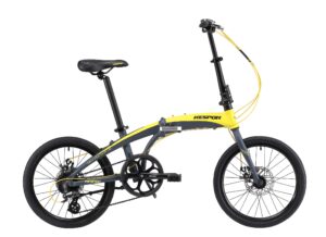 kespor thunderbolt d8 folding bike for adults, 20-inch wheels, rear carry rack, shimano 8 speed alloy easy folding, disc brake (yellow)