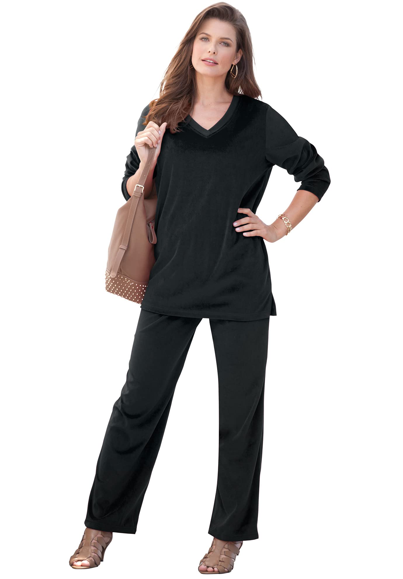 Roaman's Women's Plus Size Velour Jogger Set - 30/32, Black