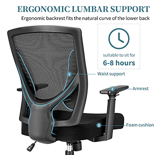 ELABEST Office Chair Ergonomic Desk Chair, Swivel Task Chair with Adjustable Armrest, Soft Sponge Cushion, Lumbar Support, Mid Back Mesh Computer Chair