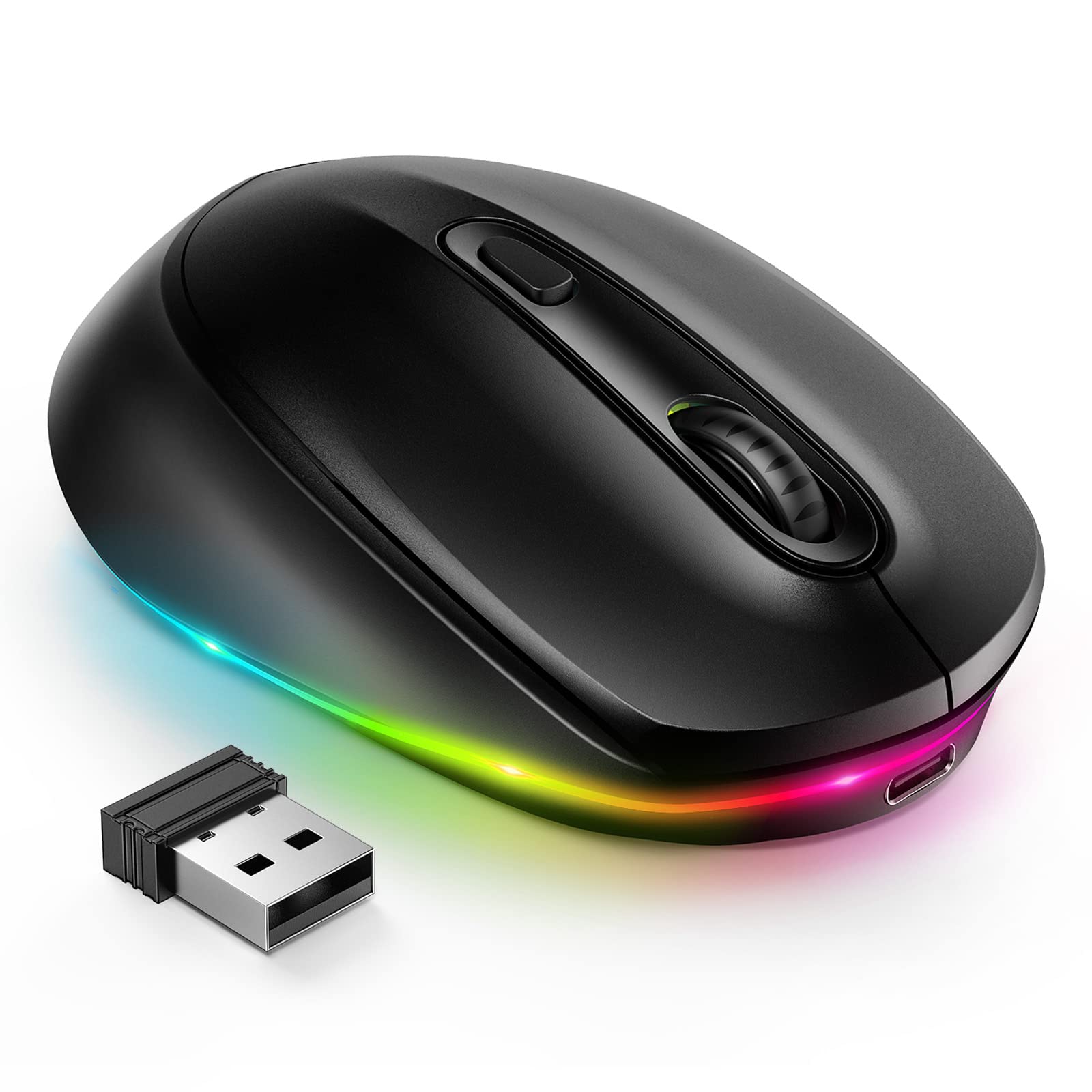 seenda Rechargeable Wireless Mouse -Light Up Mouse for Laptop, Small Cordless Mice with Quiet Click & LED Lights for Kids' Chromebook, Windows, Mac PC Computer - Black