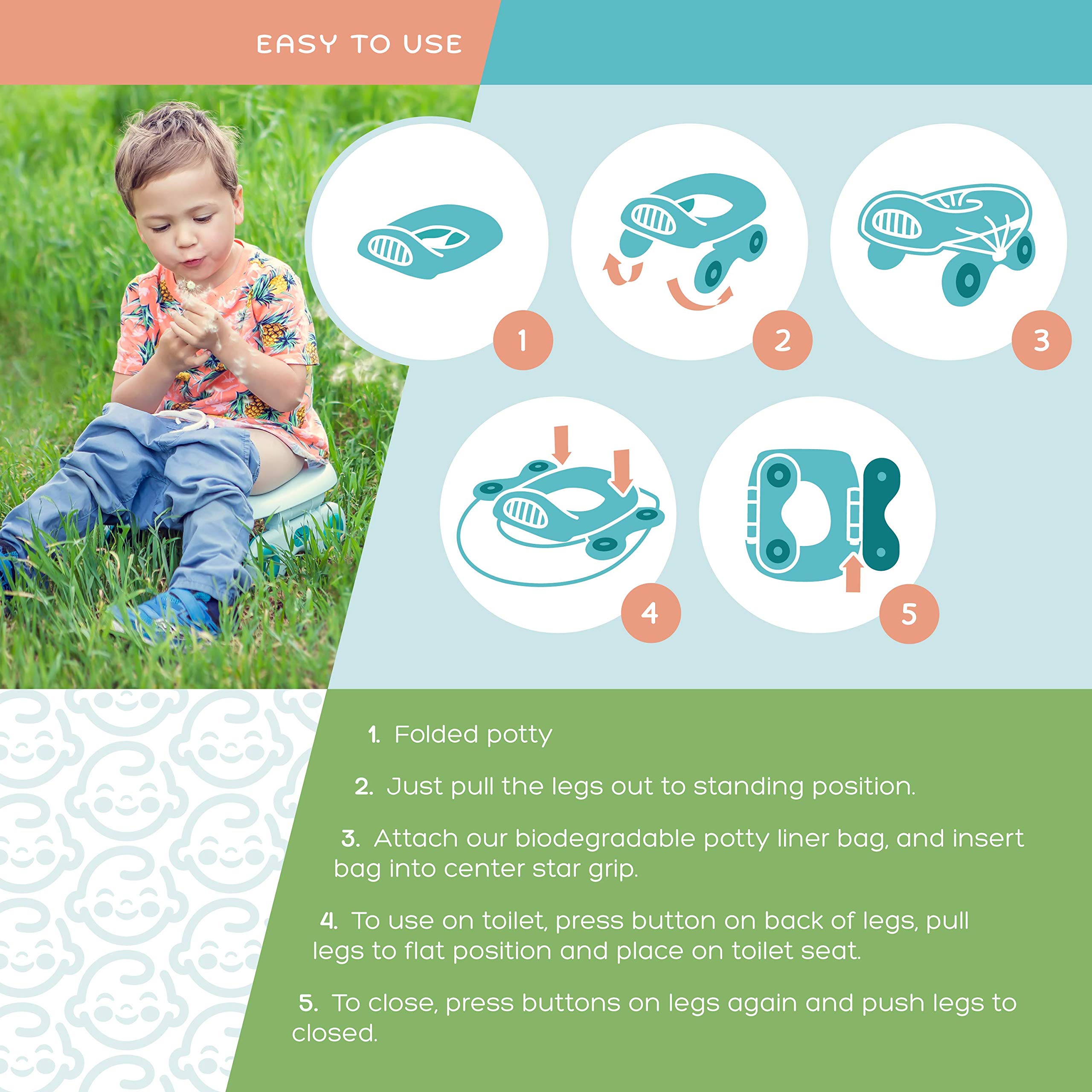 Logie & Gray Teal Travel Potty Seat for Toddler – Lightweight & Strong 110lbs Capacity with 20 Liners, US BPI & Europe OK Compost Certified – Portable Potty Seat for Toddler Travel Potty for Car