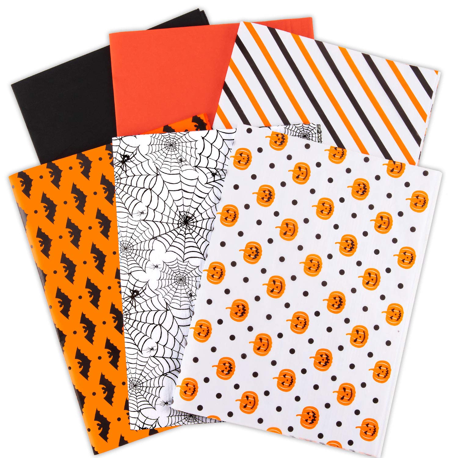 Whaline 120 Sheets Halloween Tissue Paper Black Orange Wrapping Paper Bat Pumpkin Web Spider Art Paper Crafts for Halloween Fall Birthday Wedding Party Gift Bag DIY Pompom Confetti (6 Designs)