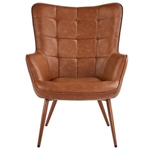 yaheetech pu leather armchair, modern accent chair strong structure, vintage midcentury high back sofa chairs with oversized padded and solid metal legs for living room/bedroom/office, brown