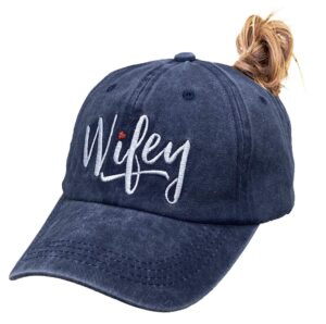 manmesh hatt embroidered wifey ponytail hat vintage washed adjustable denim baseball cap for women (navy, one size)