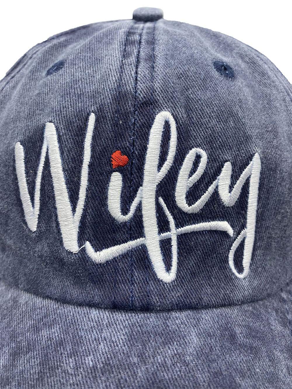 MANMESH HATT Embroidered Wifey Ponytail Hat Vintage Washed Adjustable Denim Baseball Cap for Women (Navy, One Size)