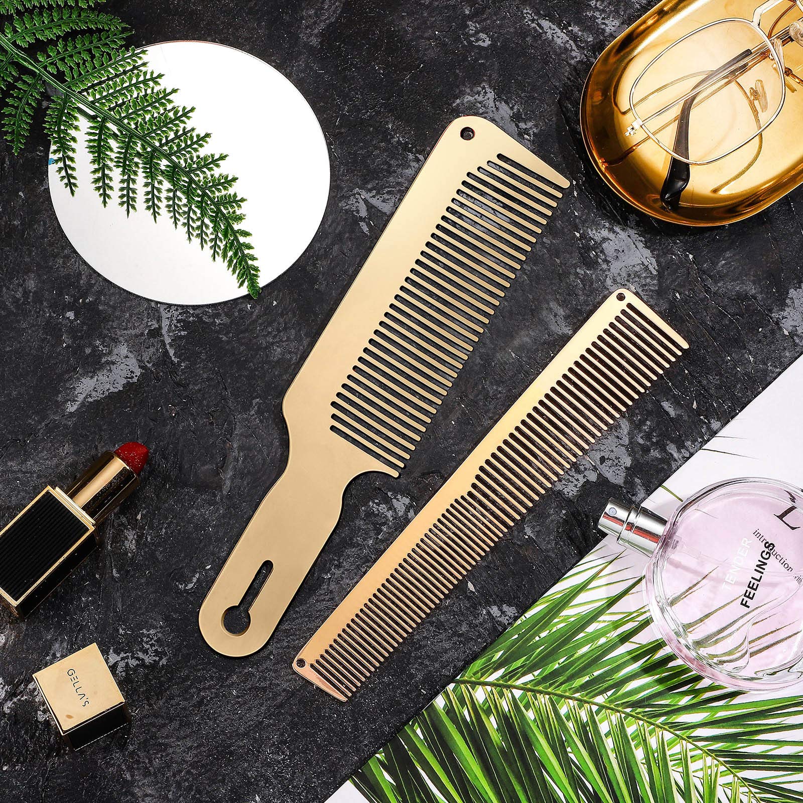 2 Pieces Metal Comb Set Metal Barber Comb Stainless Steel Blending Comb Fine Styling Cutting Comb Flat Top Clipper Comb Metal Detangling Comb for Men Women Salon, 2 Styles (Gold)