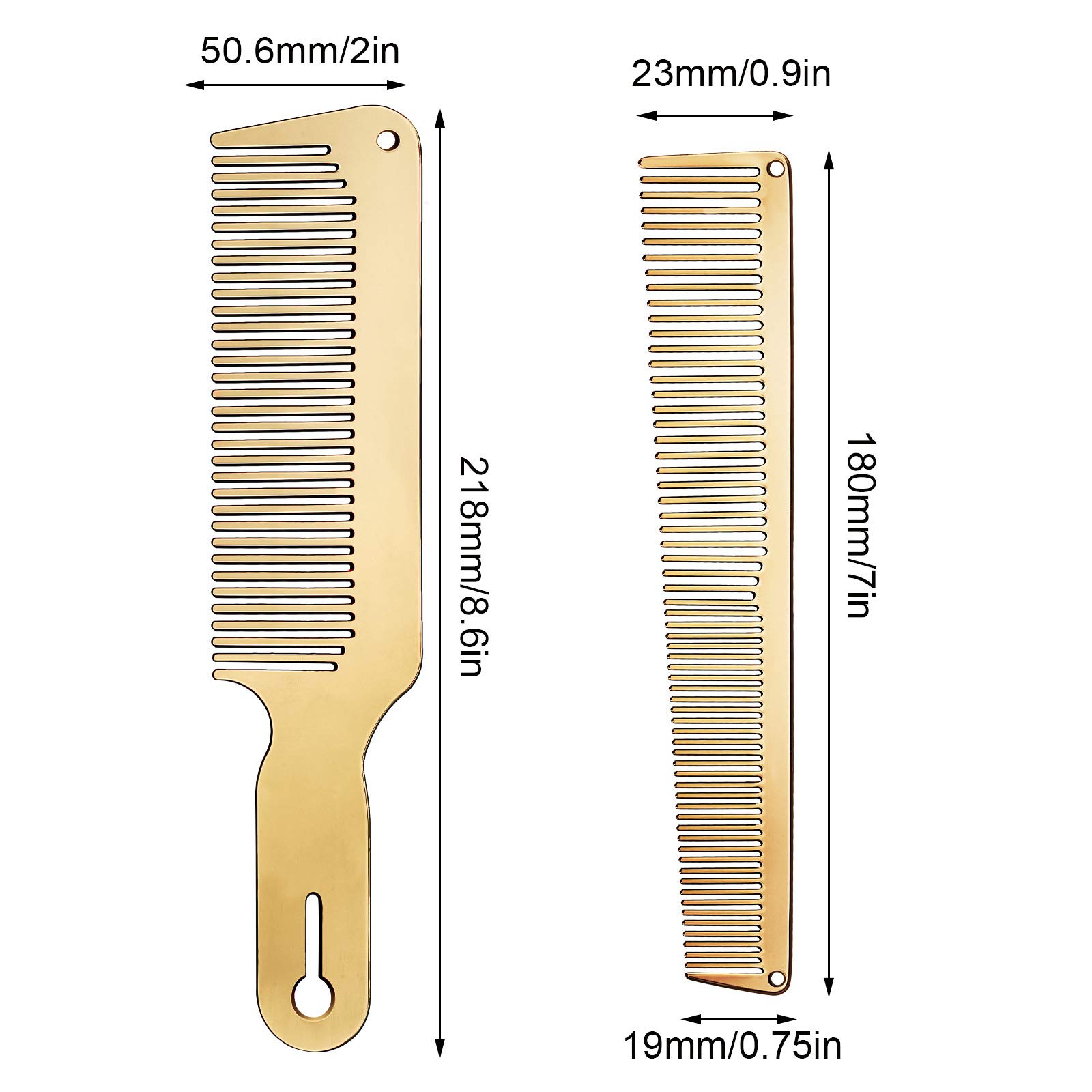 2 Pieces Metal Comb Set Metal Barber Comb Stainless Steel Blending Comb Fine Styling Cutting Comb Flat Top Clipper Comb Metal Detangling Comb for Men Women Salon, 2 Styles (Gold)