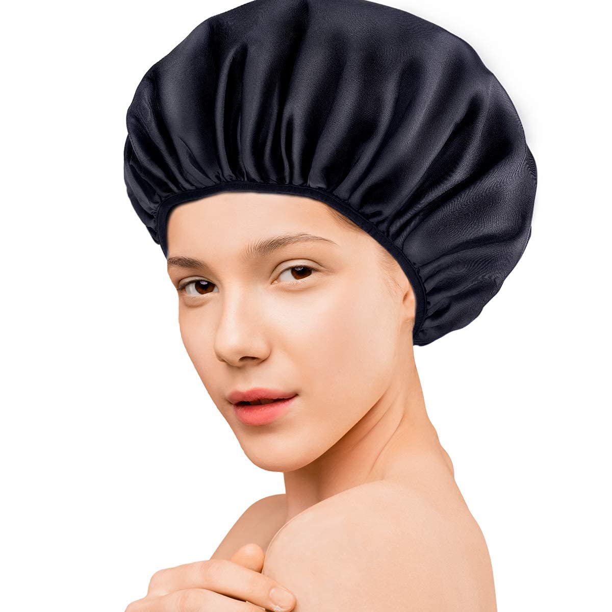 Aquior Shower Cap,Terry Lined Shower Cap for Women Reusable, Triple Layer Waterproof Bath Cap, Extra Large for Women Long Hair(Black)