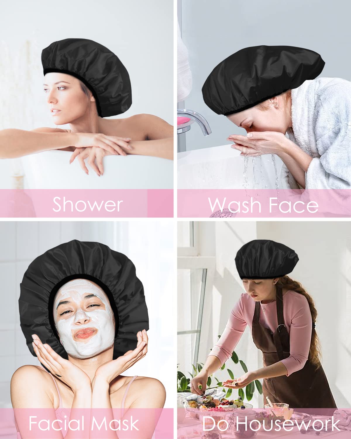 Aquior Shower Cap,Terry Lined Shower Cap for Women Reusable, Triple Layer Waterproof Bath Cap, Extra Large for Women Long Hair(Black)