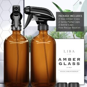 LiBa Amber Glass Spray Bottles 2 Pack, 16 oz Refillable Empty Spray Bottle for Cleaning, Essential Oils, Hair, Plants, Adjustable Nozzle for Squirt and Mist, Bleach/Vinegar/Rubbing Alcohol Safe