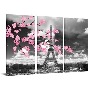 sechars 3 piece pink flower wall art cherry blossom tree with black and white paris eiffel tower painting canvas prints romantic artwork for home wall decor ready to hang each piece 12x24inch