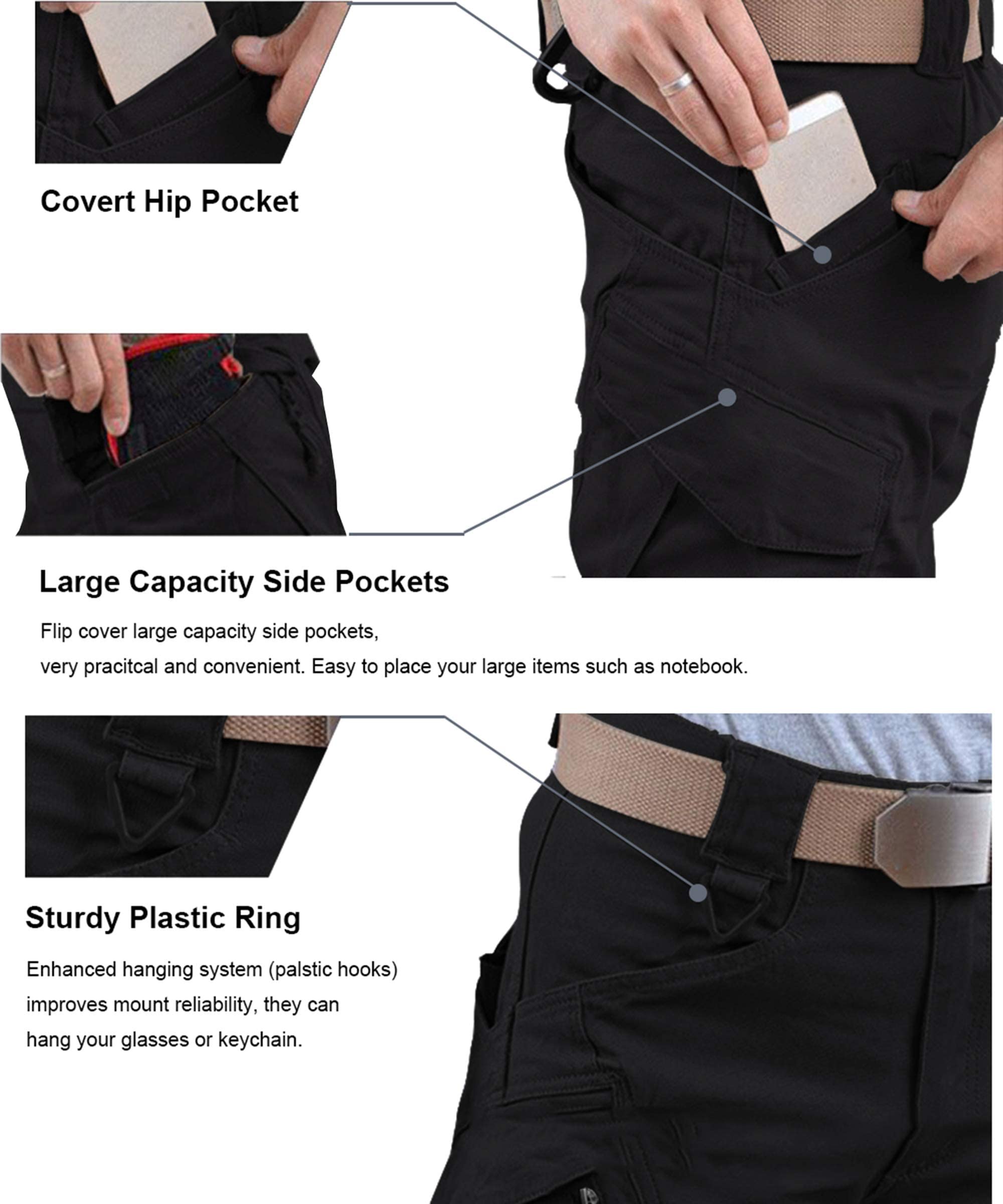 Susclude Men's Tactical Pants Stretch, 9 Pockets Rip Stop Lightweight Cargo Work Military Trousers Outdoor Hiking Pants Black 34Wx32L