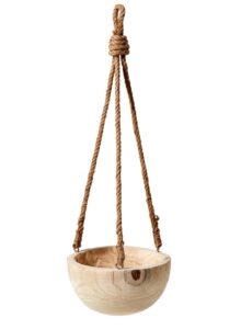 serene spaces living paulownia hanging wood bowl with jute rope, hanging faux succulent and artificial plants, ideal for home, garden, office decor, measures 4.5" tall and 9.25" diameter