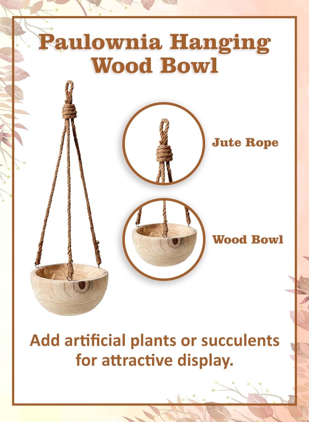 Serene Spaces Living Paulownia Hanging Wood Bowl with Jute Rope, Hanging Faux Succulent and Artificial Plants, Ideal for Home, Garden, Office Decor, Measures 4.5" Tall and 9.25" Diameter