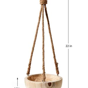 Serene Spaces Living Paulownia Hanging Wood Bowl with Jute Rope, Hanging Faux Succulent and Artificial Plants, Ideal for Home, Garden, Office Decor, Measures 4.5" Tall and 9.25" Diameter