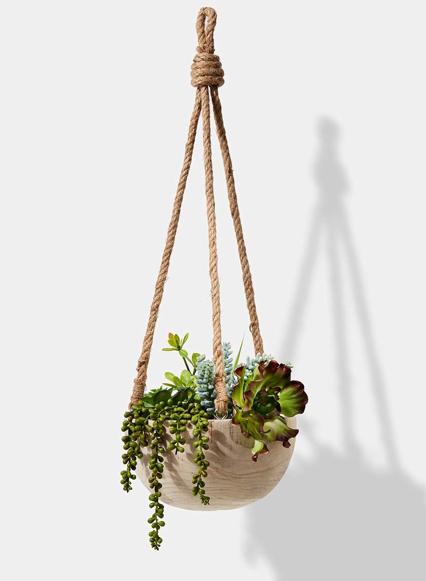 Serene Spaces Living Paulownia Hanging Wood Bowl with Jute Rope, Hanging Faux Succulent and Artificial Plants, Ideal for Home, Garden, Office Decor, Measures 4.5" Tall and 9.25" Diameter