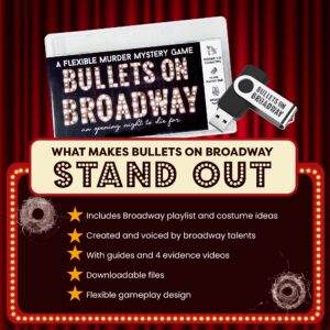 Bullets On Broadway| Murder Mystery Games | Mystery Games for Ages 13+, in-Person & Virtual Detective Game, 3-20 Players w/ Printable Files - Broadway Murder Mysteries