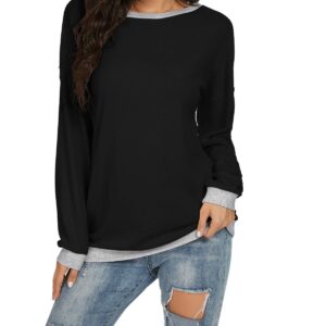 JINKESI Women Long Sleeve Tops Color Block Sweatshirts Round Neck Loose Tunic Top Black-Large