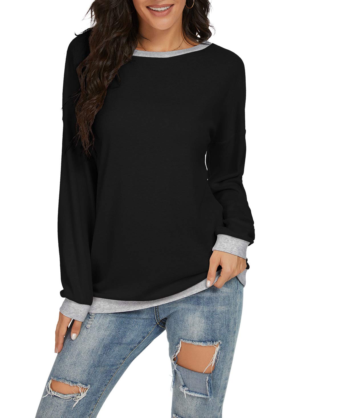 JINKESI Women Long Sleeve Tops Color Block Sweatshirts Round Neck Loose Tunic Top Black-Large