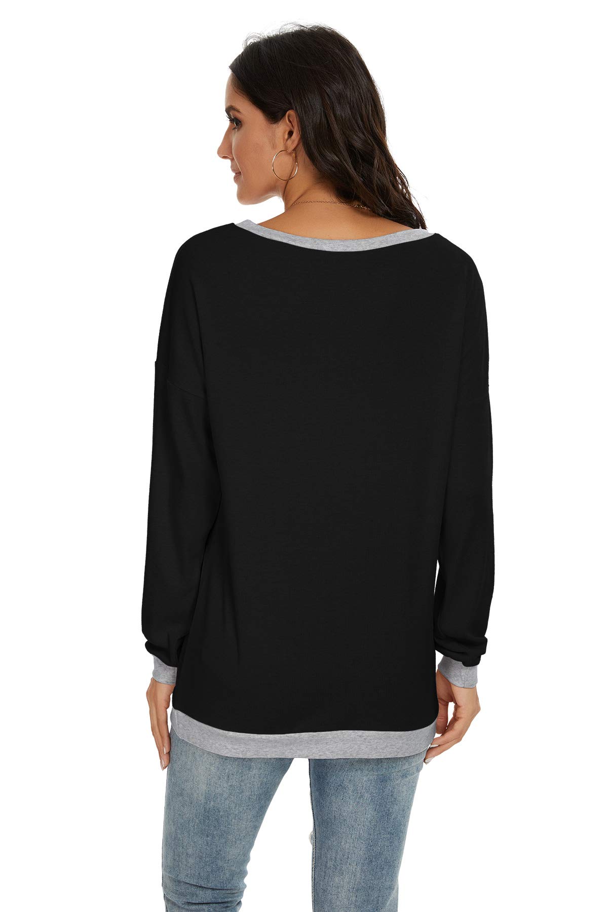 JINKESI Women Long Sleeve Tops Color Block Sweatshirts Round Neck Loose Tunic Top Black-Large
