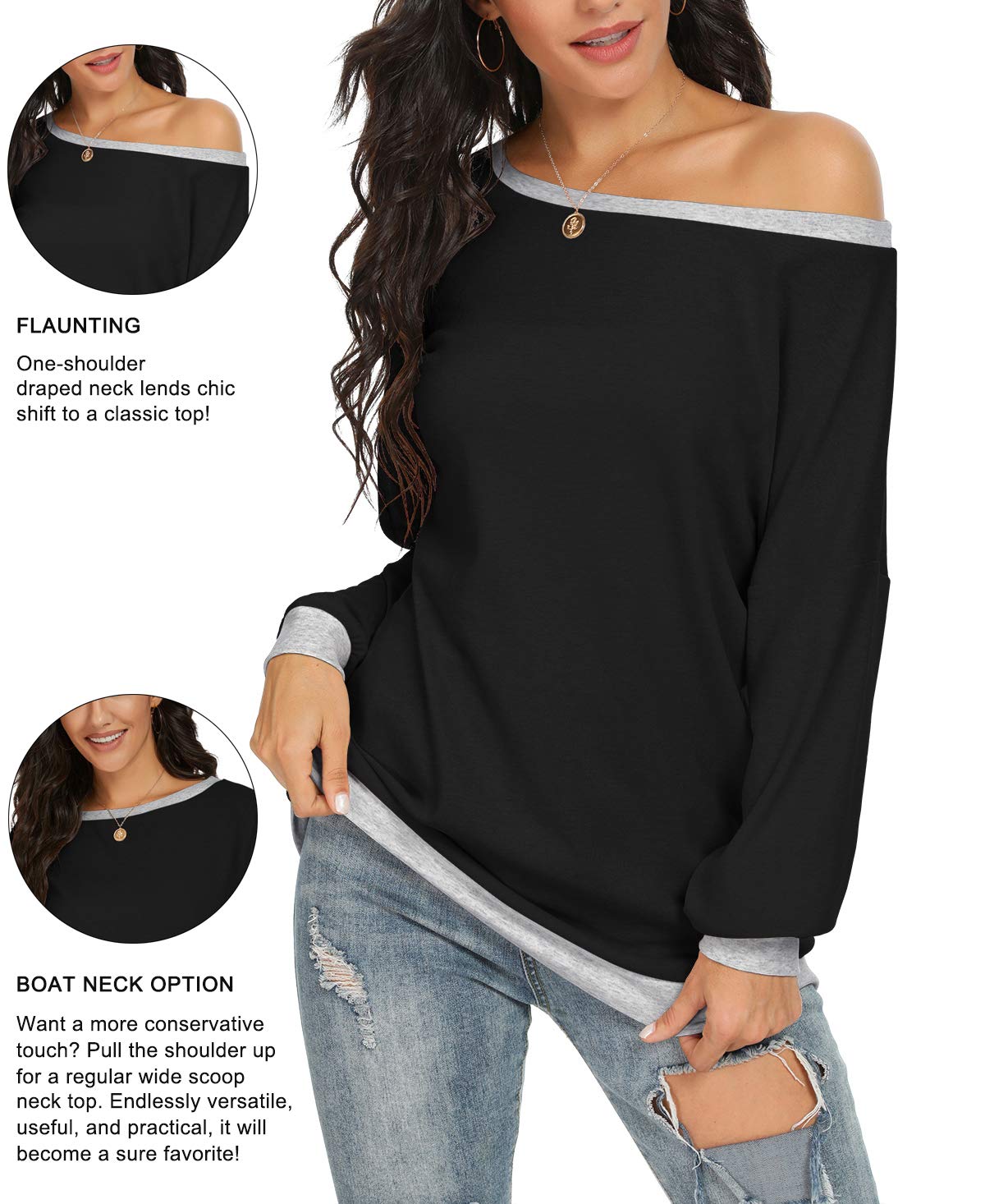 JINKESI Women Long Sleeve Tops Color Block Sweatshirts Round Neck Loose Tunic Top Black-Large