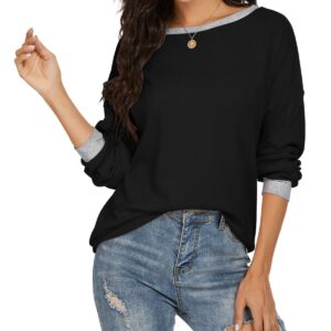JINKESI Women Long Sleeve Tops Color Block Sweatshirts Round Neck Loose Tunic Top Black-Large