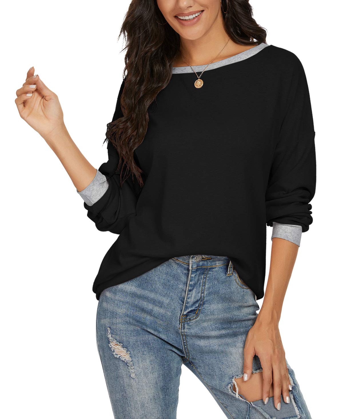 JINKESI Women Long Sleeve Tops Color Block Sweatshirts Round Neck Loose Tunic Top Black-Large