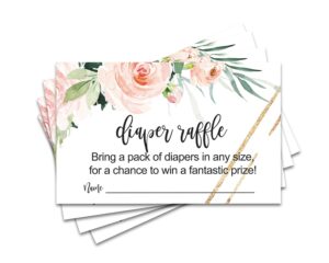 graceful floral diaper raffle tickets, rustic baby shower games for prizes, girls baby shower diaper raffle invitation insert cards pink and gold, 50 pack