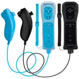 ecrabone wii nunchuck remote controller 2 pack with motion plus compatible with wii & wii u console | wii remote controller with shock function (black + blue)