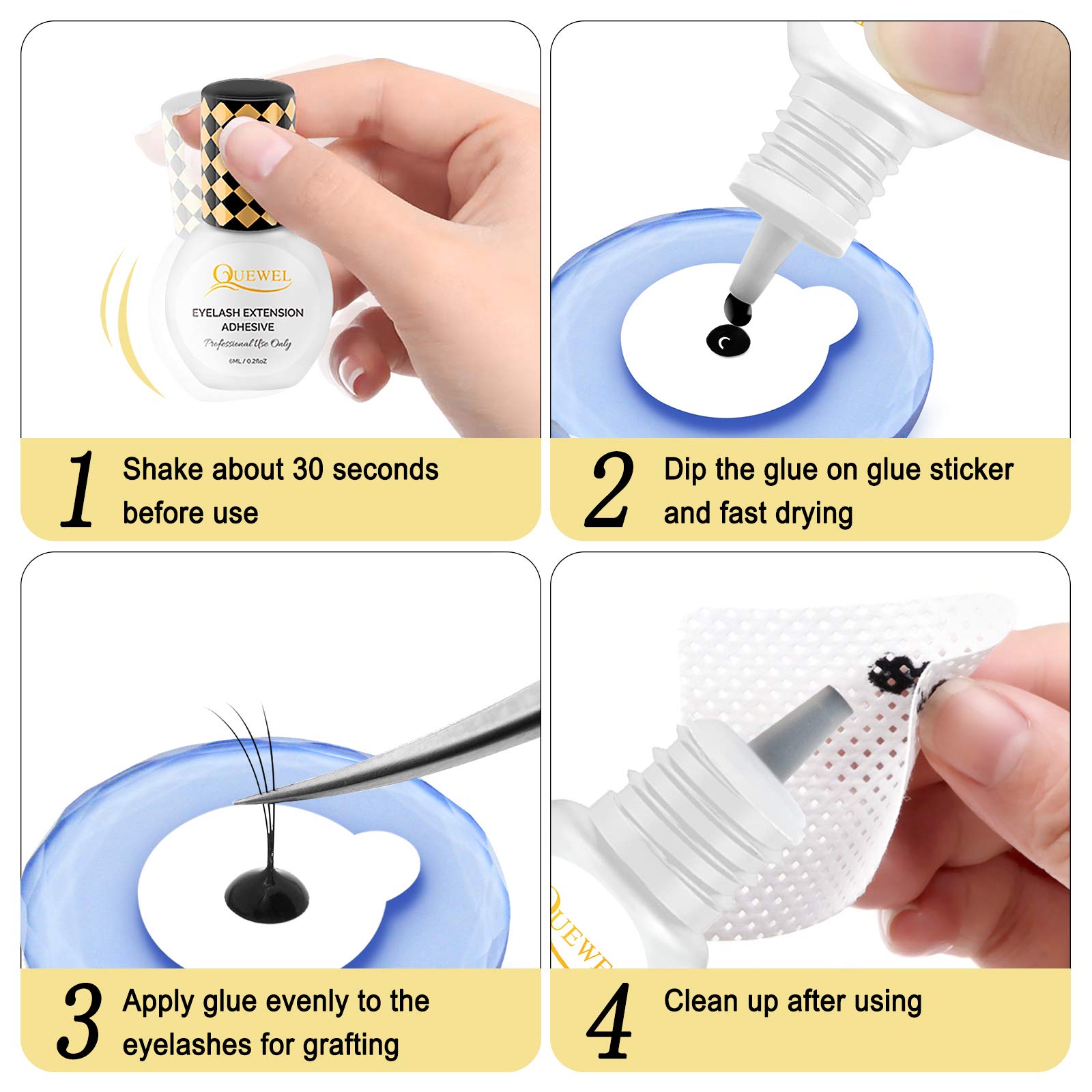 QUEWEL Strong Black Adhesive for Eyelash Extensions 6ml 1-2 Sec Drying Time,Retention 7-8 Weeks,The Lash Extension Glue Low Fume No Irritating for Sensitive