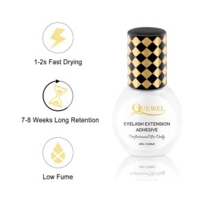QUEWEL Strong Black Adhesive for Eyelash Extensions 6ml 1-2 Sec Drying Time,Retention 7-8 Weeks,The Lash Extension Glue Low Fume No Irritating for Sensitive
