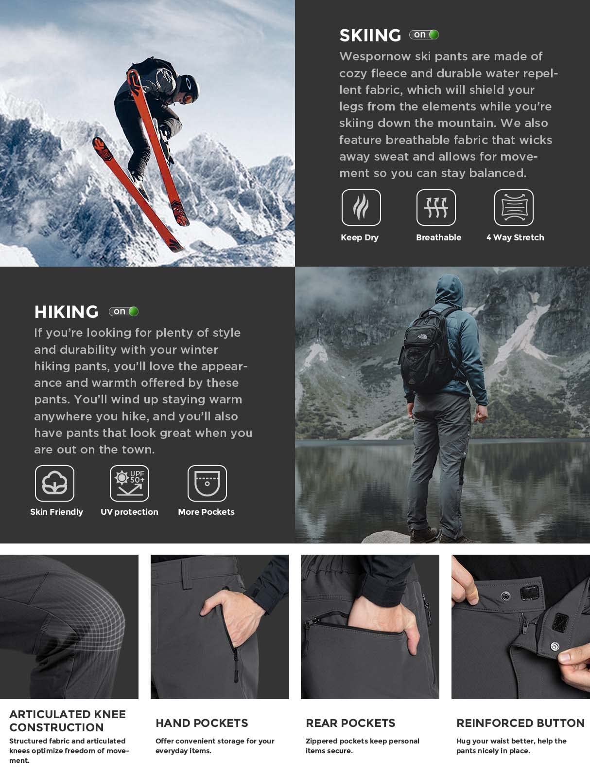 Wespornow Men's-Fleece-Lined-Hiking-Pants Water-Resistance-Snow-Ski-Pants Softshell Snowboarding Pants for Winter, Skiing, Outdoor (Grey, X-Large)