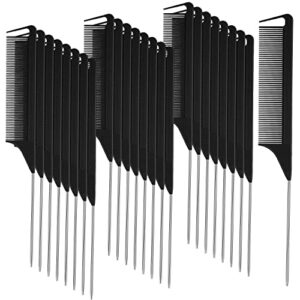 30 pieces parting comb for braids hair rat tail comb steel pin rat tail carbon fiber heat resistant teasing combs with stainless steel pintail (black)