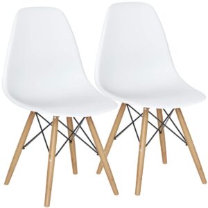 goflame dsw dining chairs, shell plastic chairs with wood legs, modern style armless chairs for living room kitchen bedroom, eiffel dsw style side chairs with ergonomic backrest set of 2, white