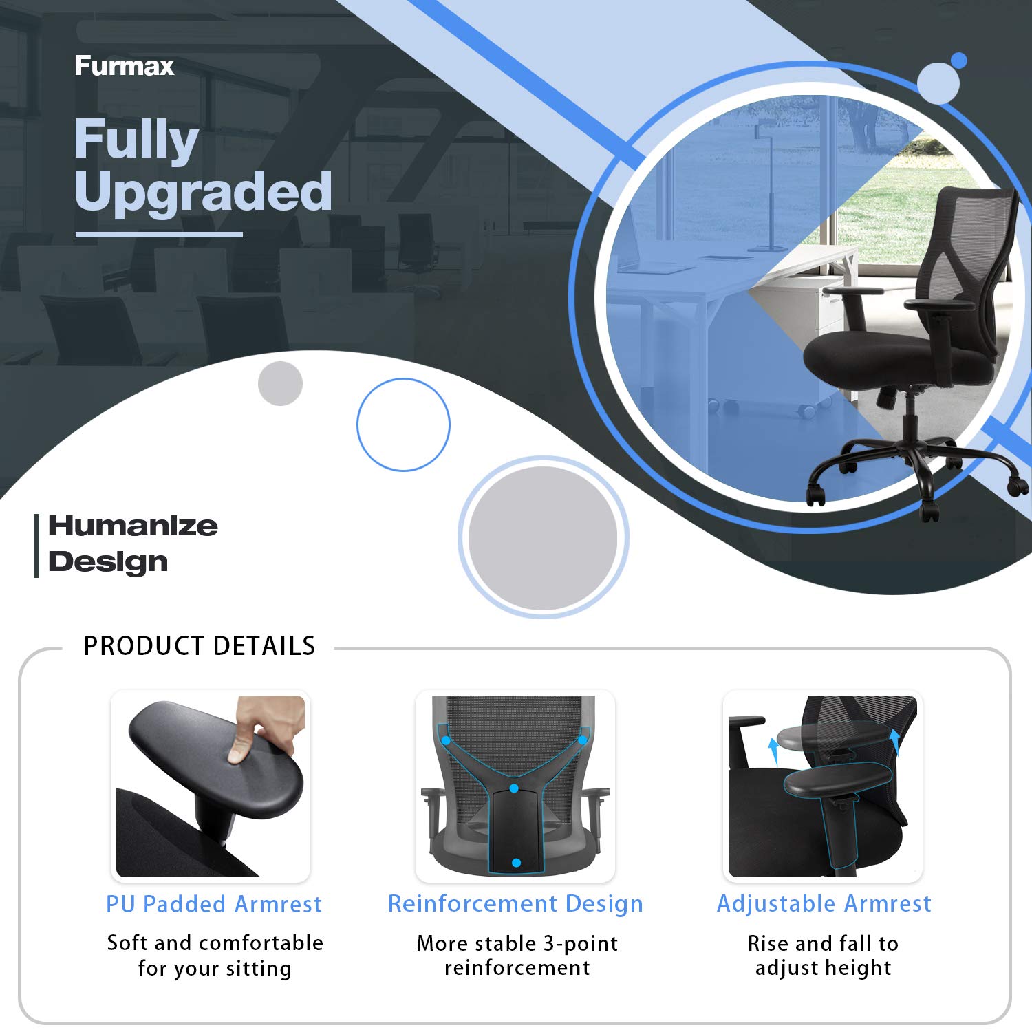 Furmax Big and Tall Office Chair Mesh Ergonomic Office Chair Swivel Computer Chair with Adjustable Back and Lumbar Support High Back Task Chair with Armrests (Black)