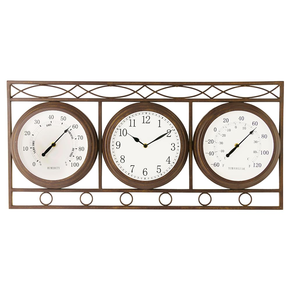 BESTIME 66285A Three-in-one Metal Wall Clock.Thermometer,Hygrometer,Weatherproof,Indoor,Outdoor,Weather Resistant.Whether Industrial,Country,Rustic.