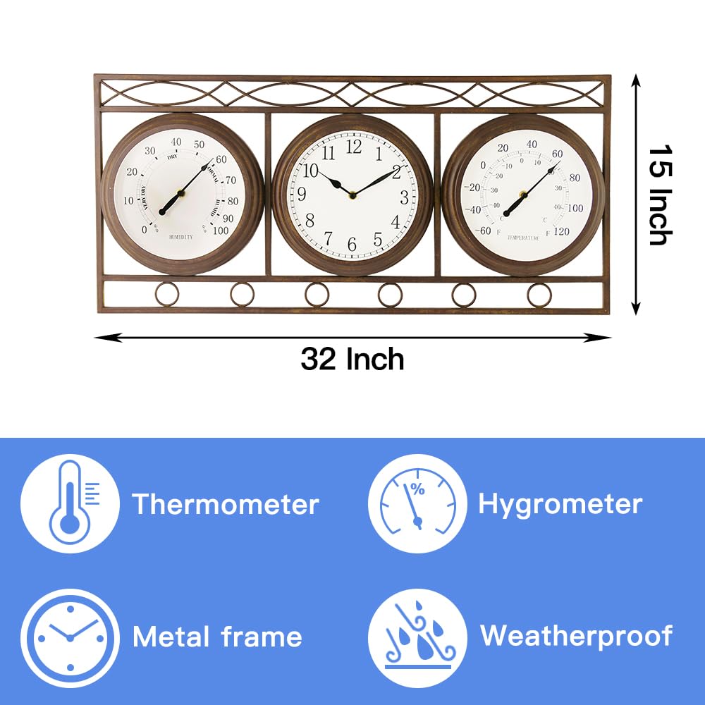 BESTIME 66285A Three-in-one Metal Wall Clock.Thermometer,Hygrometer,Weatherproof,Indoor,Outdoor,Weather Resistant.Whether Industrial,Country,Rustic.