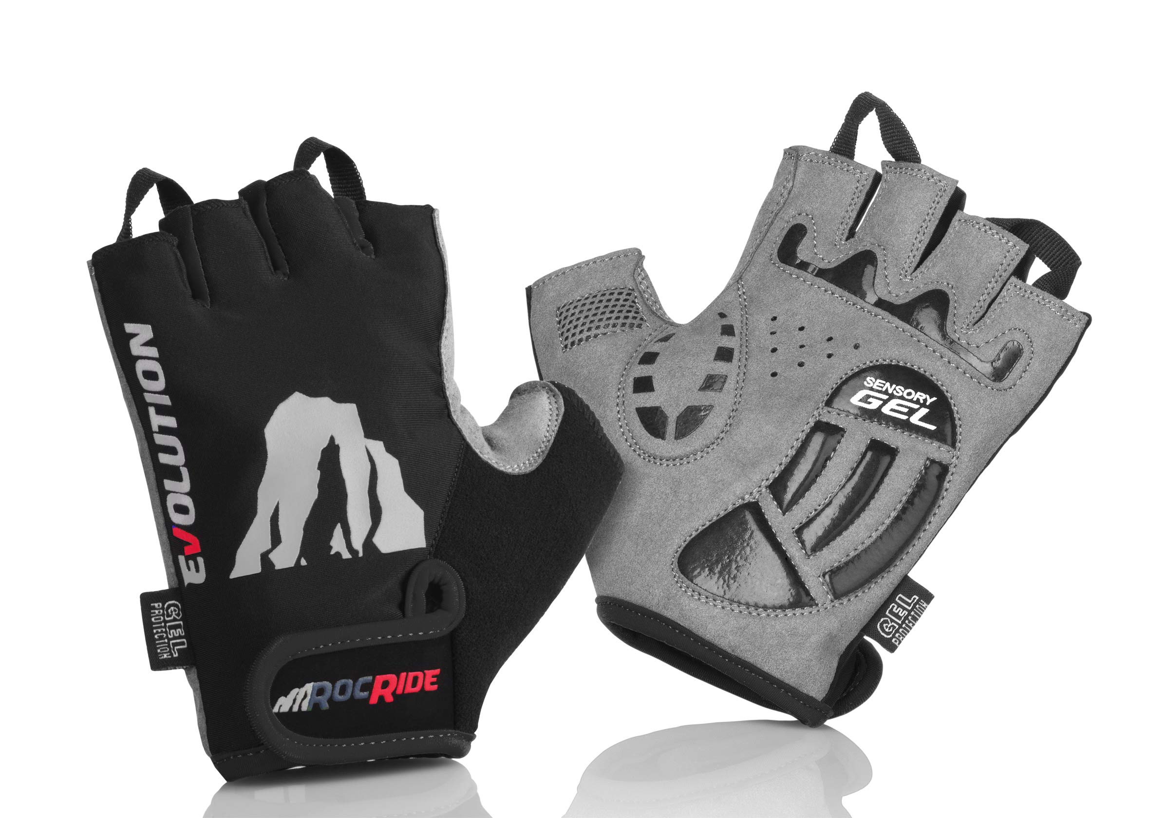 RocRide Cycling Gloves with Gel Padded Protection. Road and Mountain Biking. Half Finger with Pull Tabs. Men, Women and Children Sizes.