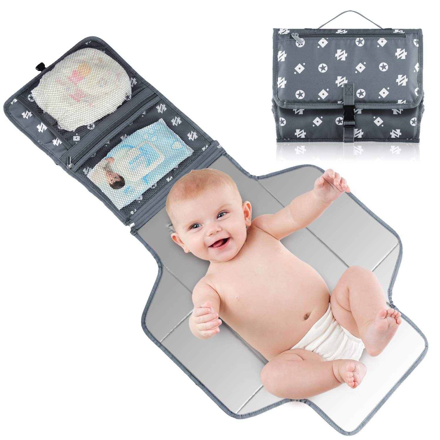 Portable Baby Changing Pad, Travel Diaper Bag Changing Mat with Head Cushion, Wipes Pockets-Waterproof & Foldable Baby Stuff for Newborn