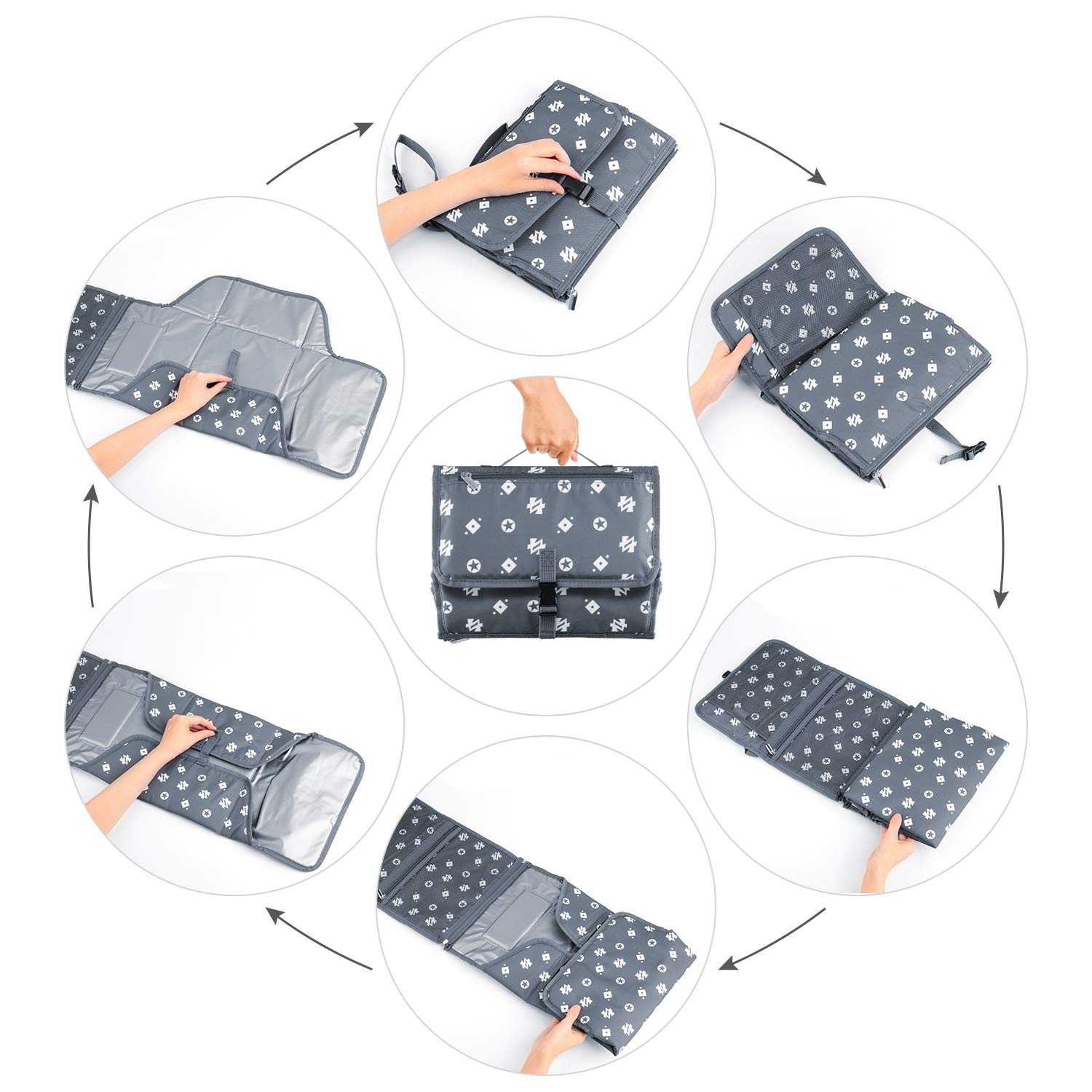 Portable Baby Changing Pad, Travel Diaper Bag Changing Mat with Head Cushion, Wipes Pockets-Waterproof & Foldable Baby Stuff for Newborn