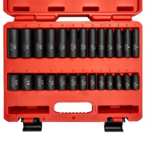 neiko 02433a 3/8” drive standard and deep metric impact socket set | 26 pieces | metric 7mm to 19mm | premium cr-v steel | 6-point hex design | corrosion resistant black phosphate coating
