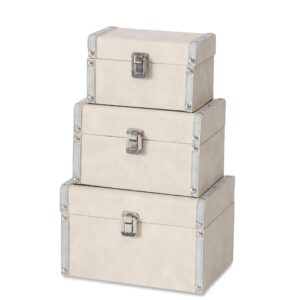 whw whole house worlds 3 piece silver studs box set, faux sand beige suede and leather, fabric lined, flip latch closure, table top, lined, organizers, mdf wood, 9, 7.75, and 6.75 inches