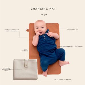 Elkie & Co. Newborn Baby Toddler Mom Vegan Leather Diaper Nappy Changing Pad Mat I Portable, Waterproof, Minimalist, Compact, Travel, Modern, Chic, Modern, Functional (Camel)