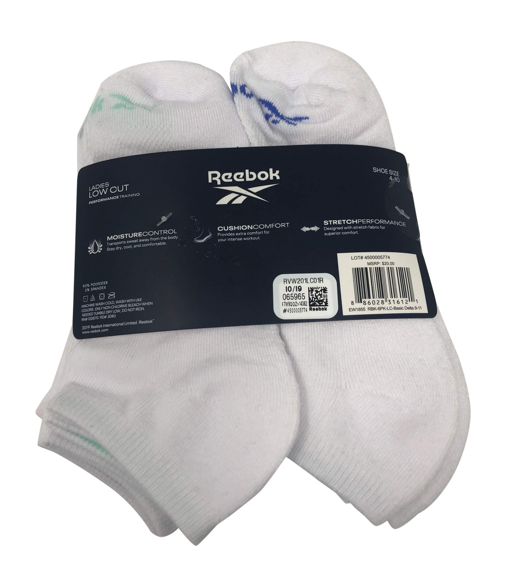 Reebok Ladies Low Cut Perfomance Training Socks (sock size 9-11/shoe size 4-10, White Multi)