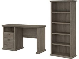 bush furniture yorktown home office desk with 5 shelf bookcase, 50w, restored gray